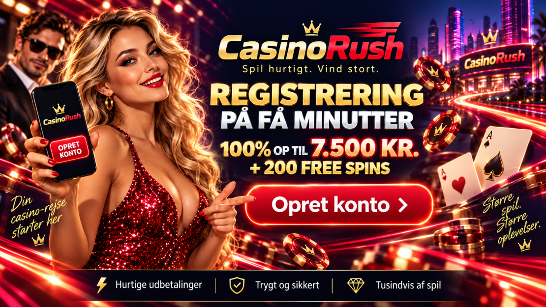 CasinoRush registrering â opret konto pĂ„ fĂ„ minutter og fĂ„ 100% op til 7.500 kr. + 200 Free Spins